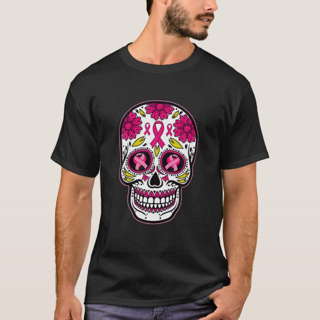 Sugar Skull Pink Ribbon Calavera Breast Cancer Awa T-Shirt (Front)
