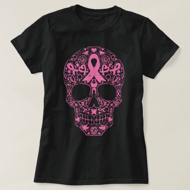 Sugar Skull Pink Ribbon Calavera Breast Cancer Awa T-Shirt (Design Front)