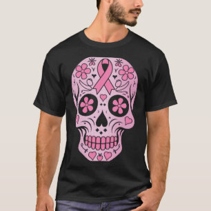 Sugar Skull Pink Ribbon Calavera Breast Cancer T-Shirt