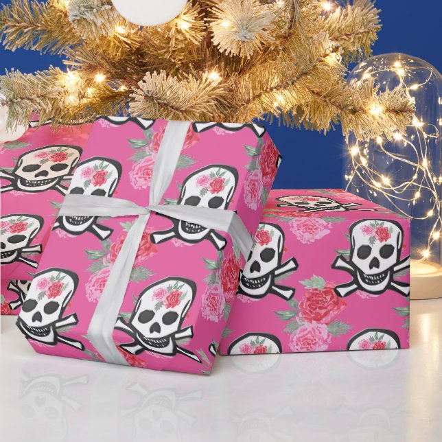 Sugar skull pink rose pattern wrapping paper (Holidays)