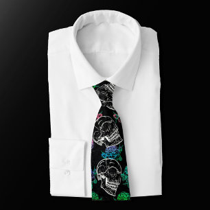 Sugar Skull Pink Roses Girly Gothic Grunge Glam Tie