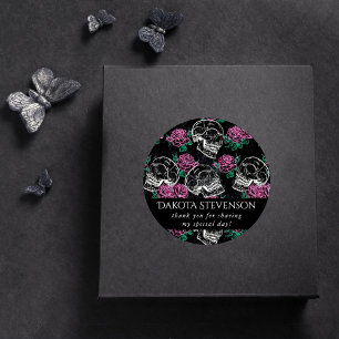 Sugar Skull Pink Roses Gothic Glam Thank You Classic Round Sticker