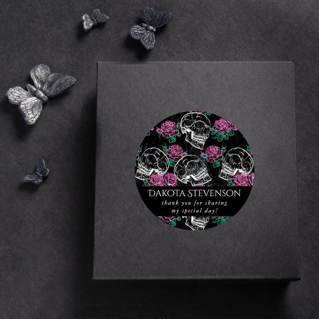 Sugar Skull Pink Roses | Gothic Glam Thank You Classic Round Sticker (Creator Uploaded)