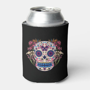 Sugar Skull Pink Roses Multi Coloured Flowers Can Cooler
