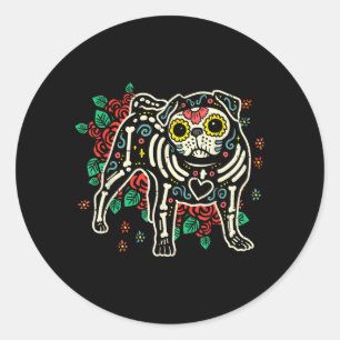 Sugar Skull Pug Dia De Los Muertos Halloween Dog Classic Round Sticker