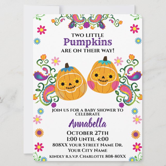 Sugar Skull Pumpkin Boy an Girl Twins  Invitation (Front)