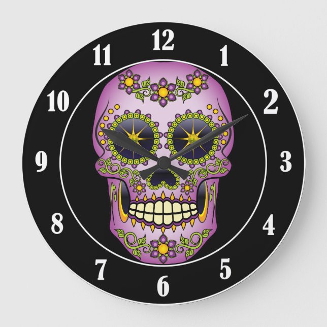Sugar Skull Purple Floral Large Clock (Front)