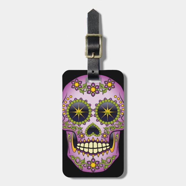 Sugar Skull Purple Floral Luggage Tag (Front Vertical)