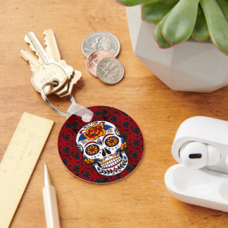 Sugar Skull Red Floral Cinco de Mayo Holiday Name Key Ring