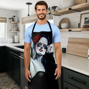 Sugar Skull Red Roses Black Apron