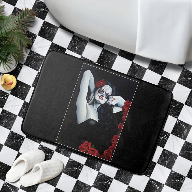 Sugar Skull Red Roses Black Bath Mat (Creator Uploaded)