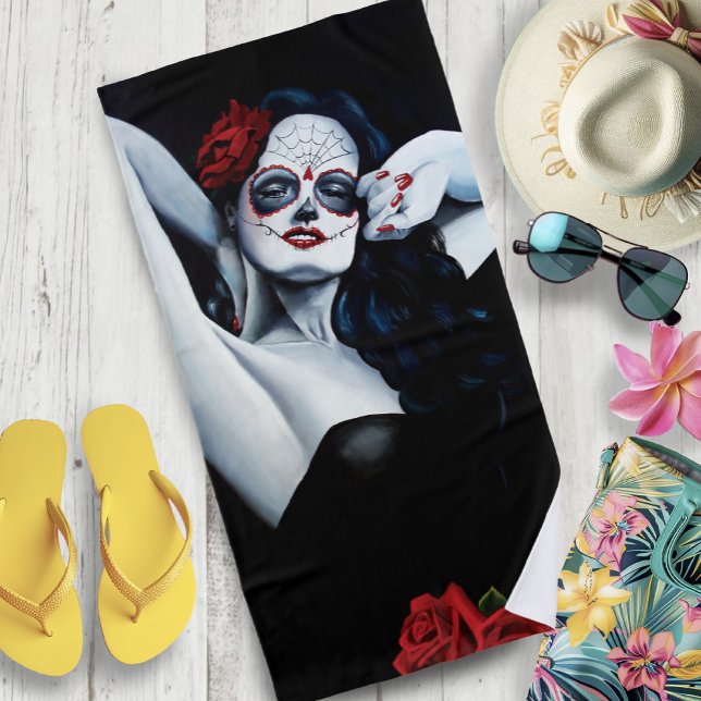 Sugar Skull Red Roses Black Beach Towel (Creator Uploaded)