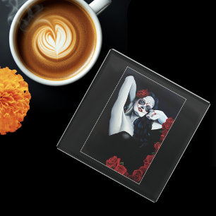 Sugar Skull Red Roses Black Glass Coaster