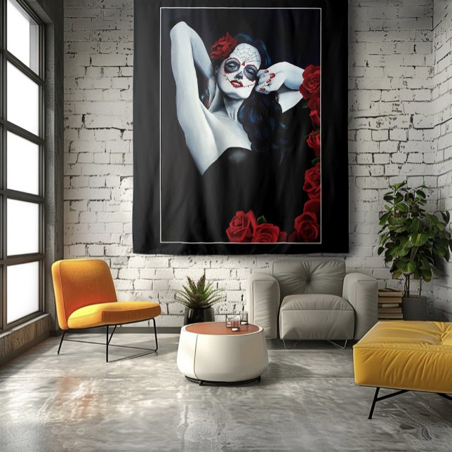 Sugar Skull Red Roses Black Tapestry (Creator Uploaded)