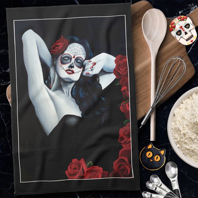 Sugar Skull Red Roses Black Tea Towel (Creator Uploaded)