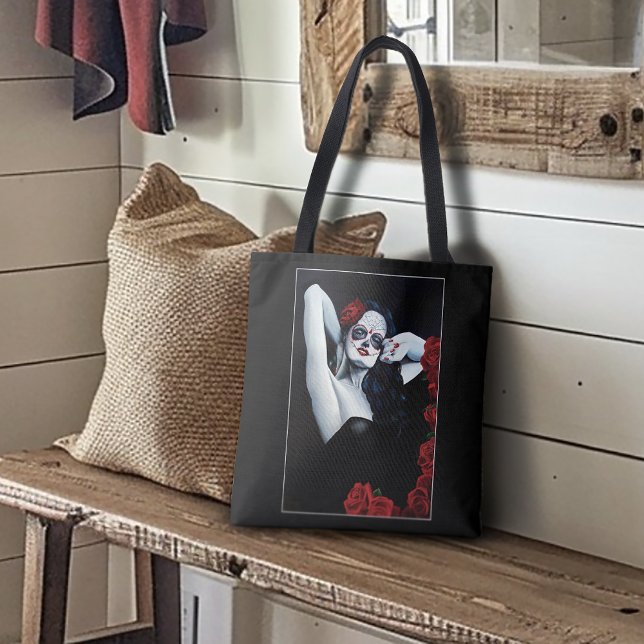 Sugar SKull Red Roses Black Tote Bag (Creator Uploaded)