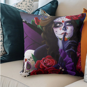 Sugar Skull Red Roses Purple Cushion