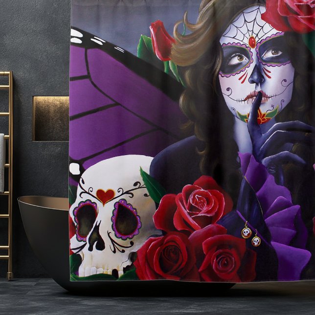 Sugar Skull Red Roses Purple Shower Curtain (Creator Uploaded)