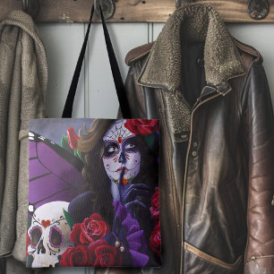 Sugar Skull Red Roses Purple Tote Bag