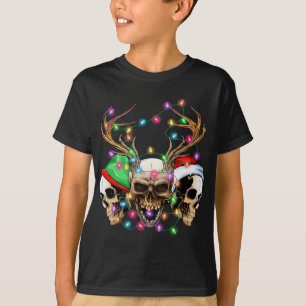 Sugar Skull Reindeer Santa Elf Hat Christmas Light T-Shirt