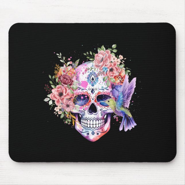 Sugar Skull Retro Flower with Hummingbird Mouse Mat (Front)