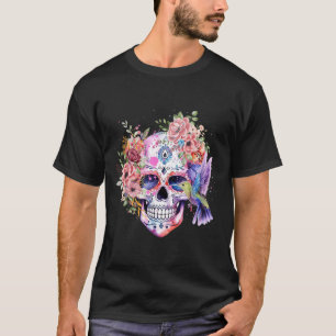 Sugar Skull Retro Flower with Hummingbird T-Shirt