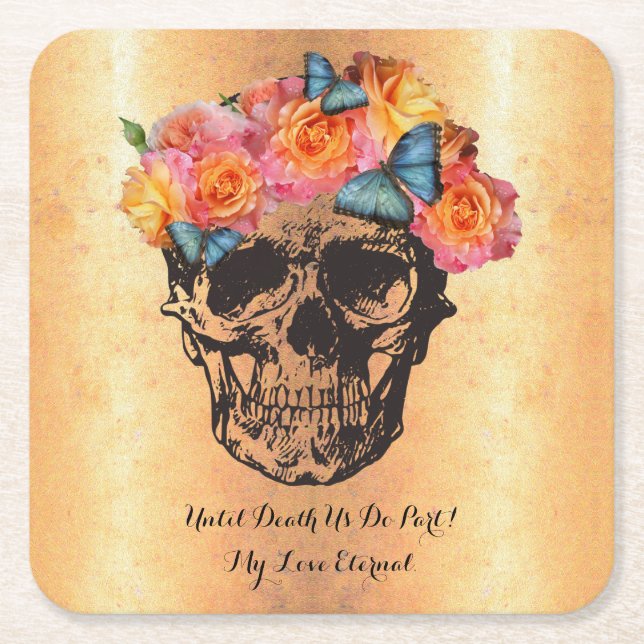 Sugar Skull Roses  Golden Skull Art Square Paper Coaster (Front)