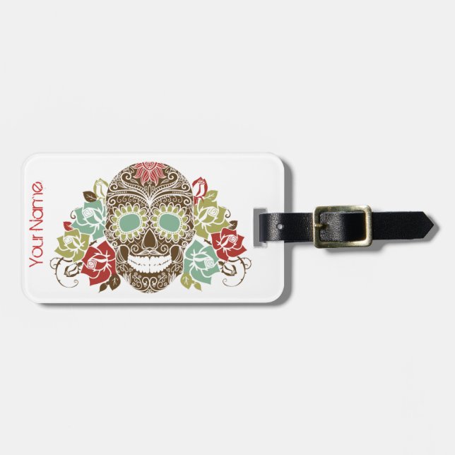Sugar Skull & Roses Luggage Tag w/ leather strap (Front Horizontal)