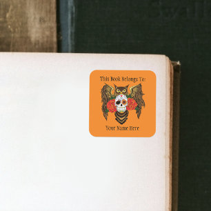 Sugar Skull Roses Owl Bookplate Square Sticker