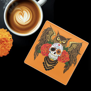 Sugar Skull Roses Owl Glass Coaster