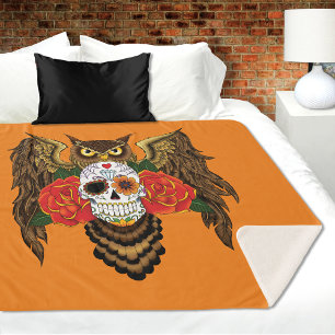 Sugar Skull Roses Owl  Sherpa Blanket