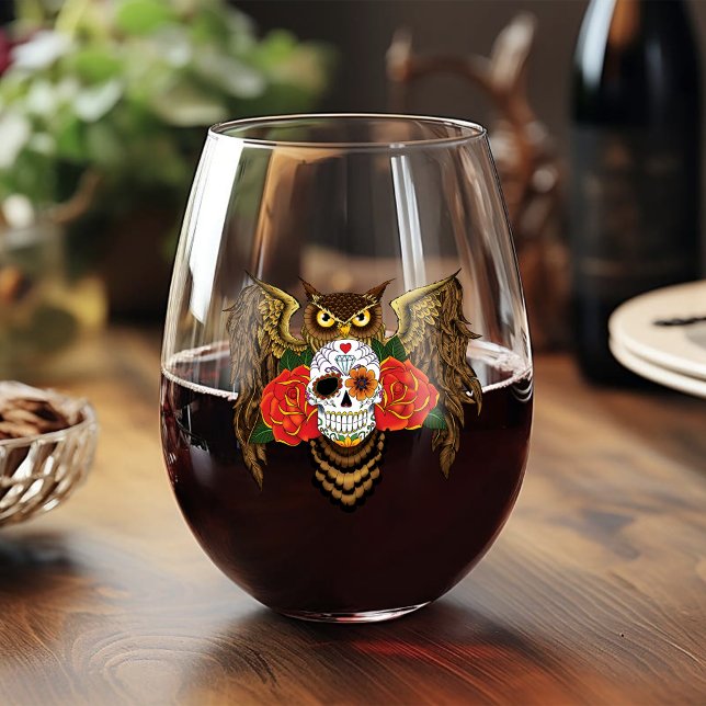 Sugar Skull Roses Owl Stemless Wine Glass (Creator Uploaded)