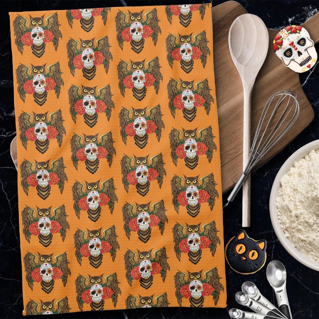Sugar Skull Roses Owl Tea Towel (Creator Uploaded)