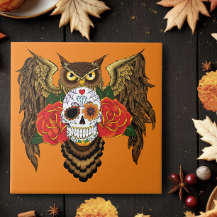 Sugar Skull Roses Owl Tile