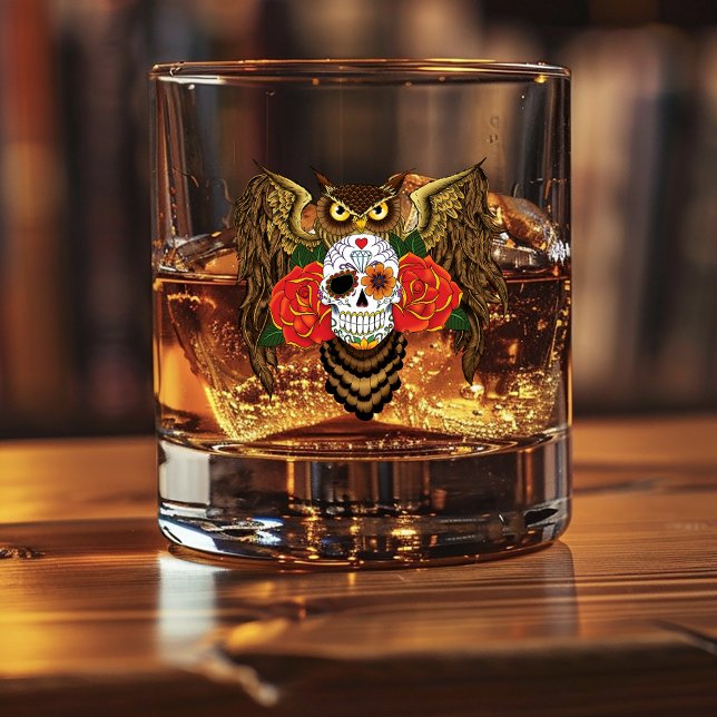 Sugar Skull Roses Owl Whiskey Glass (Creator Uploaded)