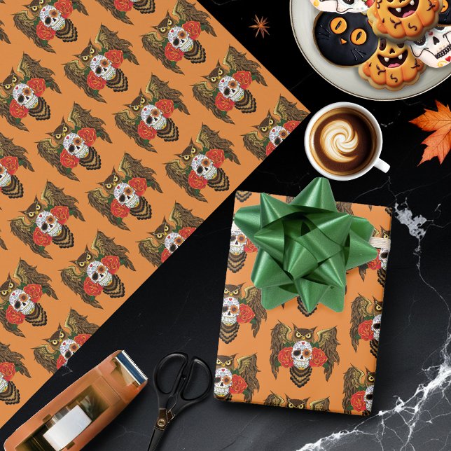 Sugar Skull Roses Owl Wrapping Paper (Creator Uploaded)