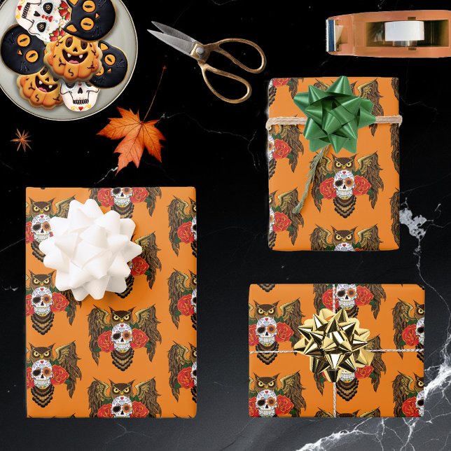 Sugar Skull Roses Owl Wrapping Paper Sheet (Creator Uploaded)