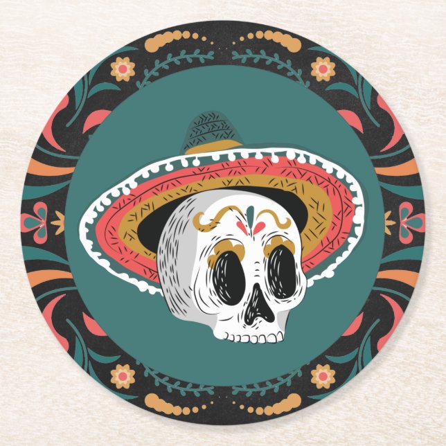 Sugar Skull Round Paper Coaster (Front)