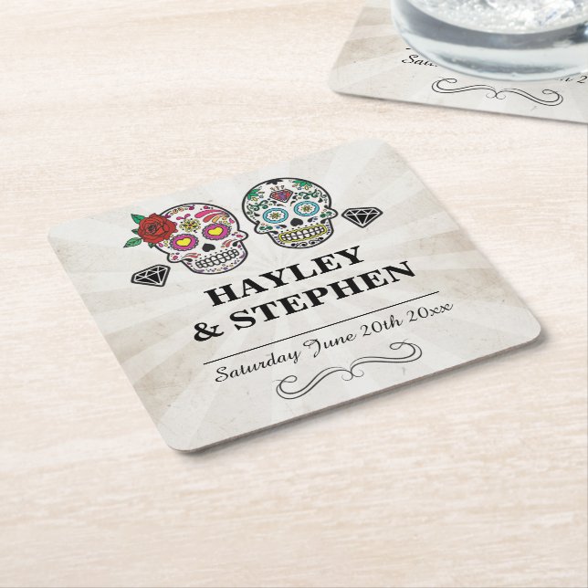 Sugar Skull Rustic Coasters Place Wedding Party (Angled)
