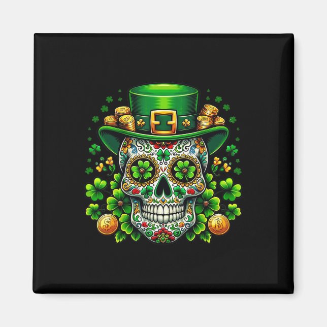 Sugar Skull Saint Patricks Day Of Dead Leprechaun  Magnet (Front)