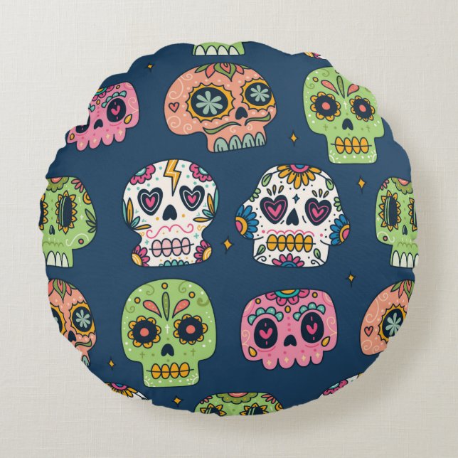sugar skull seamless pattern vintage illustration round cushion (Front)