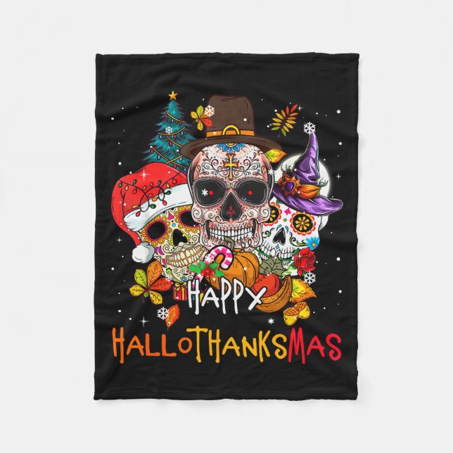 Sugar-skull Skeleton Halloween Xmas Happy Hallotha Fleece Blanket (Front)