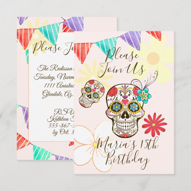 Sugar Skull Soft Peach Rose Hippy Floral Invitatio Invitation (Front/Back)