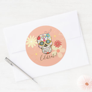 Sugar Skull Soft Petty Peach Rose Hippy Floral Classic Round Sticker