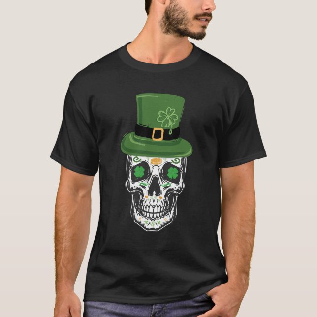 Sugar Skull St Patrick Day Leprechaun Shamrock T-Shirt (Front)