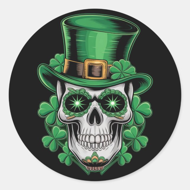 Sugar Skull St Patrick Day Lucky Shamrock  Classic Round Sticker (Front)