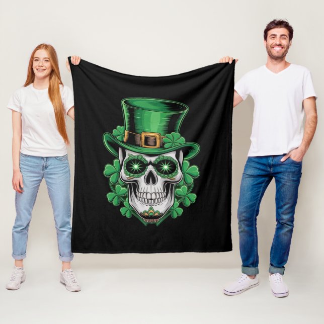 Sugar Skull St Patrick Day Lucky Shamrock  Fleece Blanket (In Situ)