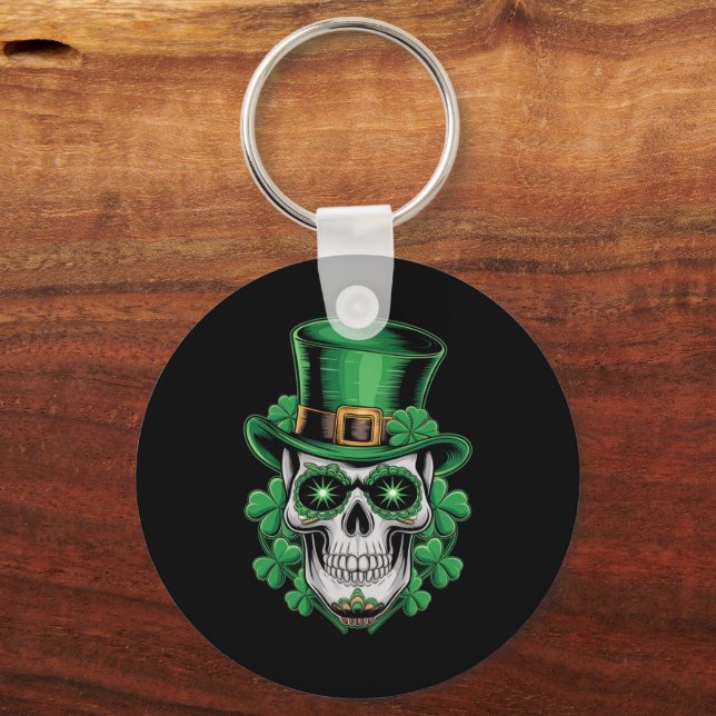 Sugar Skull St Patrick Day Lucky Shamrock  Key Ring (Front)
