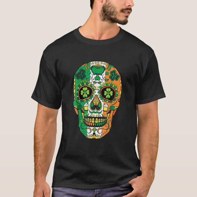 Sugar Skull St Patrick Lucky Shamrock Floral Men W T-Shirt (Front)