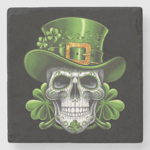 Sugar Skull St Patrick's Day Shamrock Stone Coaster
